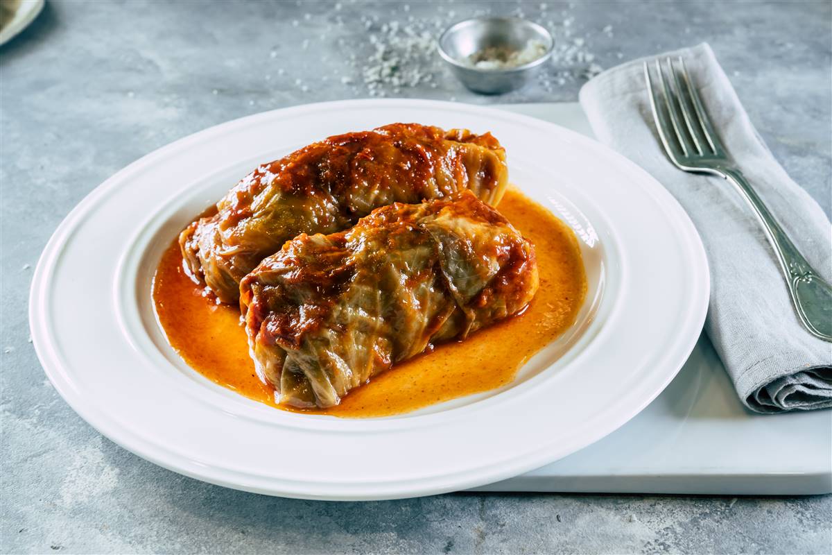 Cabbage stuffed with meat and rice in a classic tomato sauce