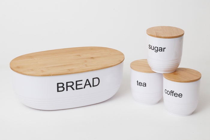 סט תה קפה סוכר וארגז לחם מתכת עם מכסי עץ במבוק