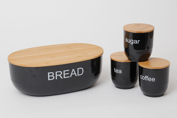 סט תה קפה סוכר וארגז לחם מתכת עם מכסי עץ במבוק
