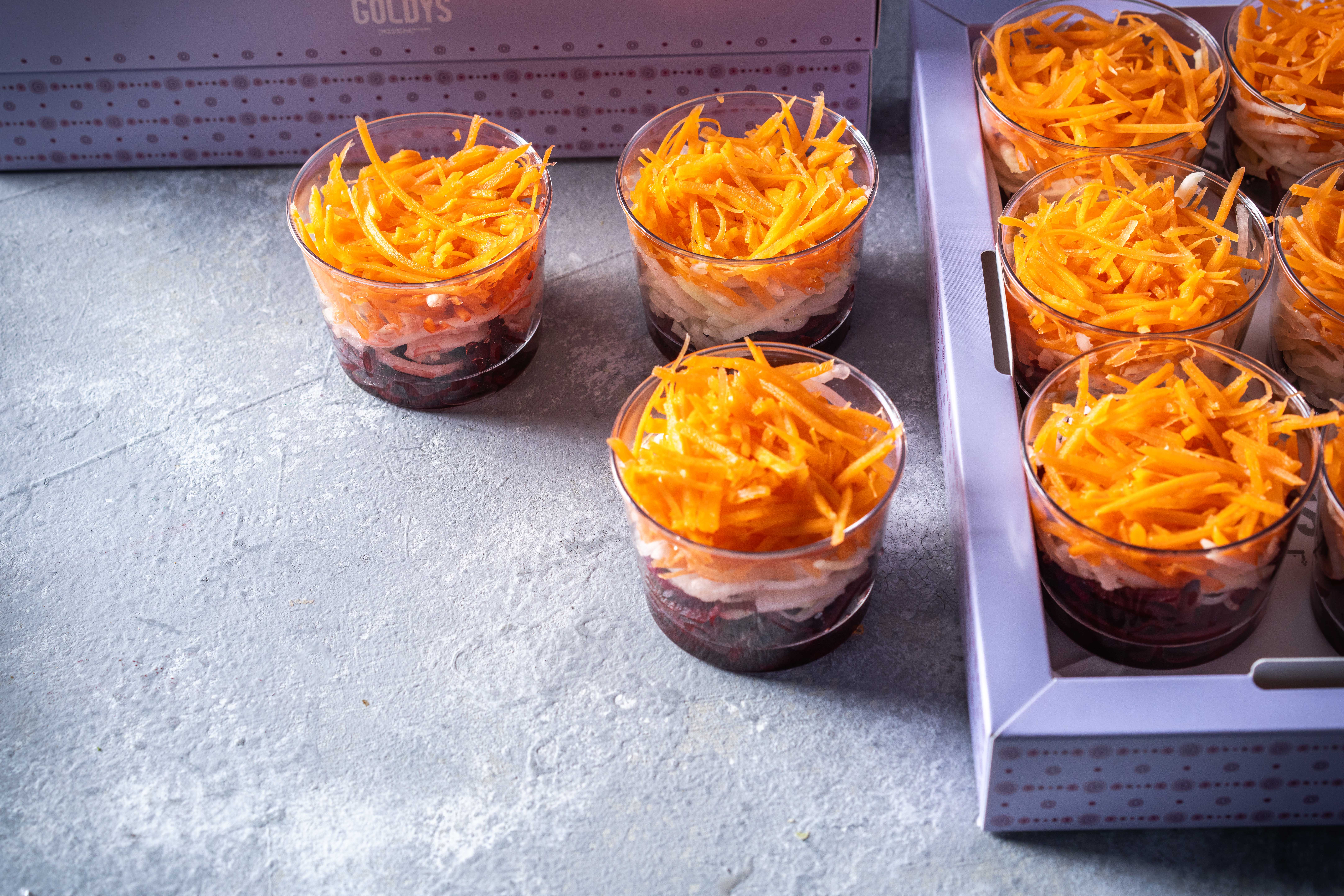 tray of root salad cups