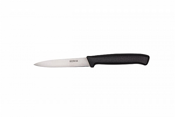 סכין ירקות חלקה 11 ס"מ, להב שפיץ, ידית שחורה | BEROX