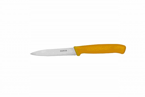 סכין ירקות חלקה 11 ס"מ, להב שפיץ, ידית צהובה | BEROX