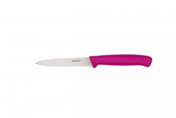 סכין ירקות משוננת 11 ס"מ, להב שפיץ, ידית ורודה | BEROX
