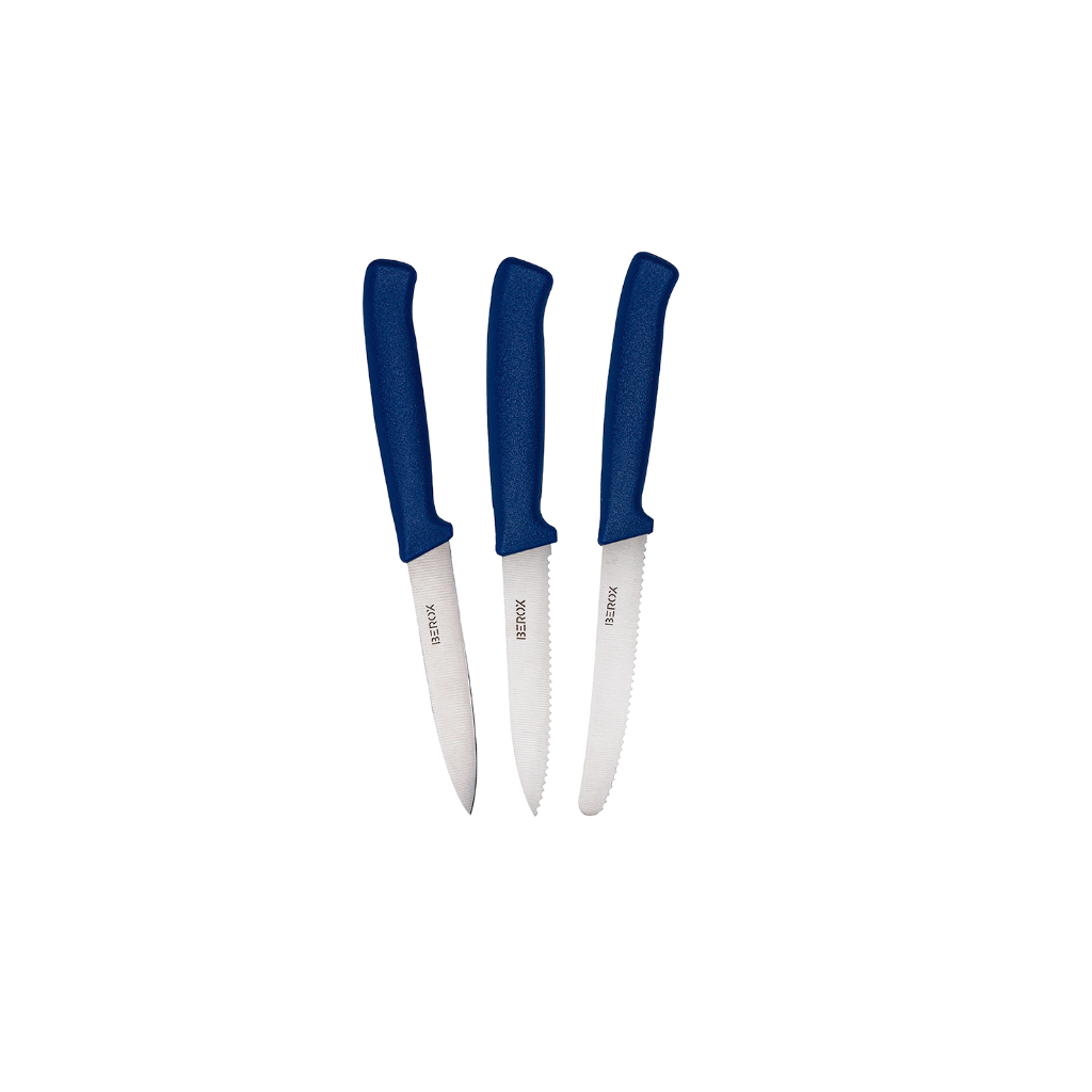 סכין ירקות משוננת 11 ס"מ, להב עגול, ידית כחולה | BEROX