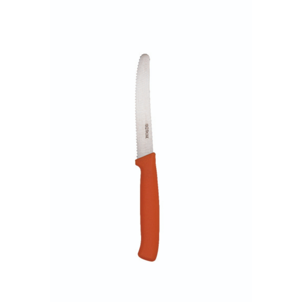 סכין ירקות משוננת 11 ס"מ, להב עגול, ידית כתומה | BEROX